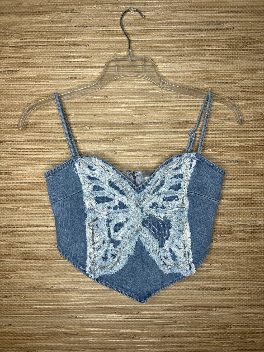 Y'all Come Back Butterfly Denim Corset Fringe Crop Top Sz S DEFECTED